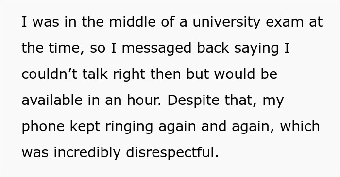 Text in a message explaining being in a university exam while phone keeps ringing, testing loyalty in friendship.