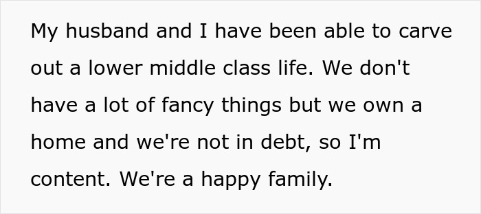 Text about choosing nose job over kids college funds, describing a happy family living a modest, debt-free life.