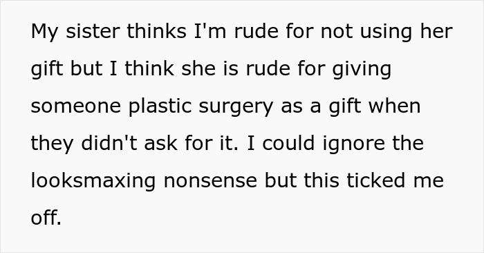 Text excerpt about a sister refusing a plastic-surgery gift card from a looks-obsessed sibling.