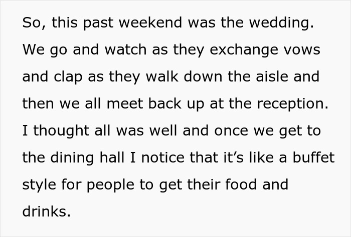 Bride looking mad at cousin wearing a dress at the wedding reception with buffet-style dining in the background