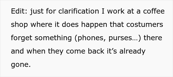 Text excerpt from a woman explaining lost items at her coffee shop, related to coworker's expensive jacket issue.