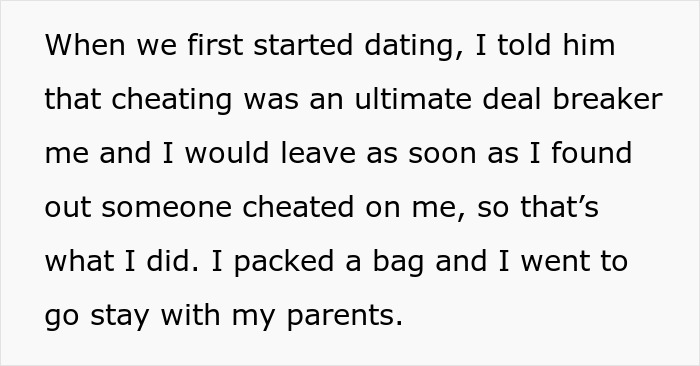 Text about a woman leaving after discovering her partner cheats during pregnancy and postpartum, breaking the home.