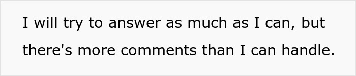 Text image showing a typed message about trying to answer as much as possible despite too many comments to handle, relating to mom affair college money dad.