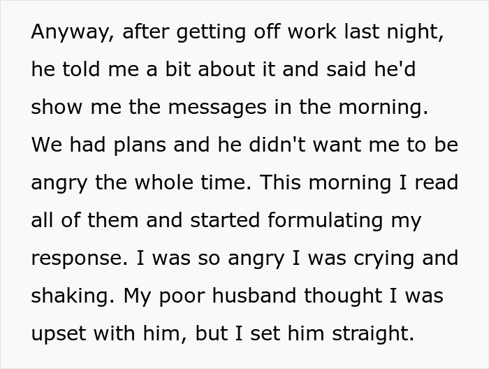 Text excerpt showing a woman&rsquo;s emotional reaction after reading messages about celebrating Thanksgiving with her kid and MIL conflict.