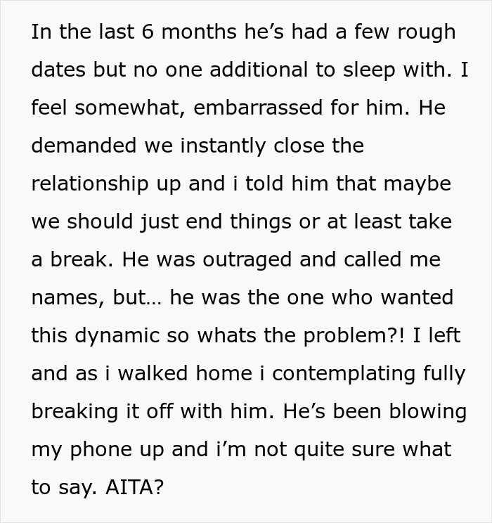 Text describing a person reflecting on their boyfriend opening the relationship but getting no dates and feeling conflicted. Text describing a person reflecting on their boyfriend opening the relationship but getting no dates and feeling conflicted.