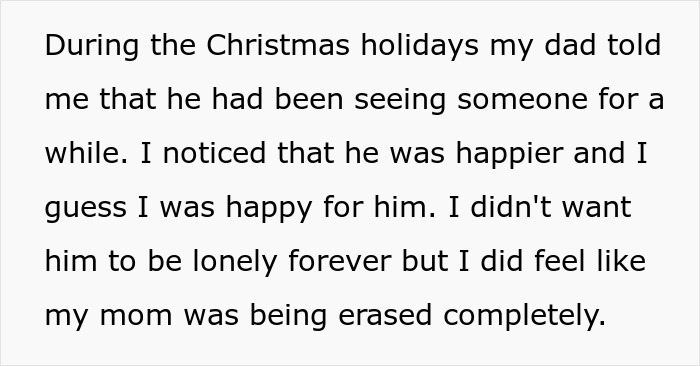 Text describing a teen sharing feelings about dad choosing his girlfriend over her during Christmas holidays.
