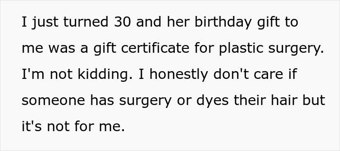 Text excerpt about a 30-year-old refusing a plastic surgery gift card from a looks-obsessed sister.