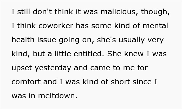 Text excerpt discussing a frustrated coworker and emotional reaction in an office swap scenario involving mental health.