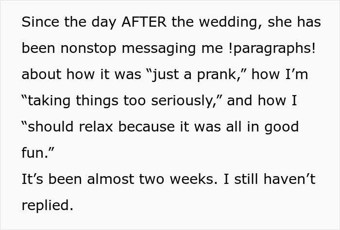 Text highlighting a bridesmaid breaking dress code with a bold red dress at an all-black wedding, shocking guests and bride.