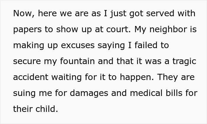 Text message about being served court papers as neighbor claims failure to secure fountain caused child&rsquo;s injury and lawsuit.