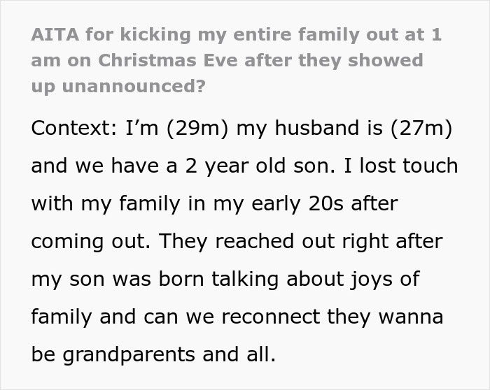 Text post about a family trying to surprise a man on Christmas by arriving at 1 a.m. and getting kicked out instead.