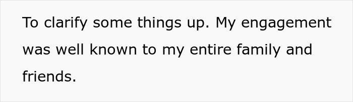 Text post showing a clarification about her engagement amid cousin's family accusing her of stealing spotlight.