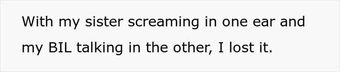 Text on screen saying with sister screaming in one ear and brother-in-law talking in the other, an obese lady loses her temper over the separate chair.