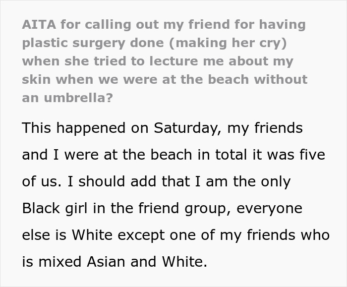 Text excerpt from a story about a White lady lecturing her Black friend to accept her natural skin instead of surgery.