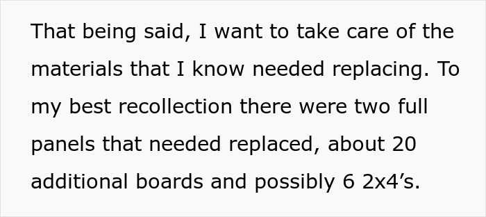 Screenshot of text describing the replacement of two fence panels, 20 boards, and six 2x4s for a rotten fence.