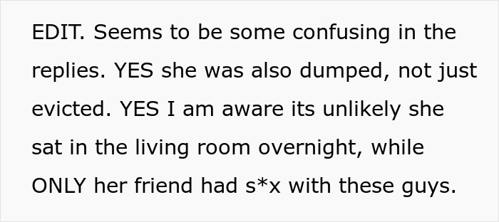 Text excerpt discussing confusion in replies about a man kicking out girlfriend after she secretly went clubbing and lost his car.