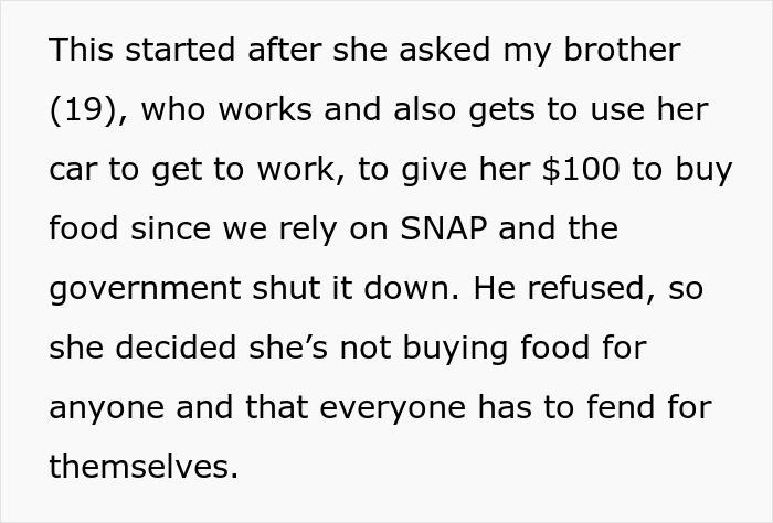 Teen calls out mom for retiring from parenting after telling kids to buy their own food due to SNAP shutdown.