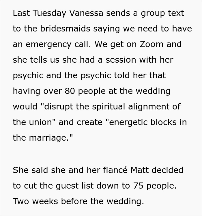 Spiritual bride faces backlash after cutting wedding guest list, causing chaos and shock two weeks before the event.