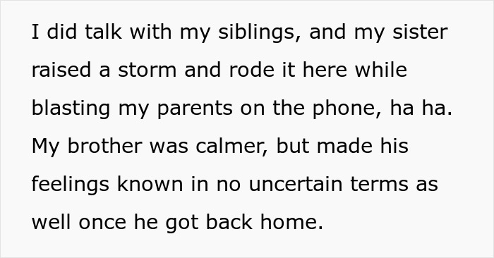 Text excerpt showing siblings discussing a family conflict involving mom, affair, college money, and dad.