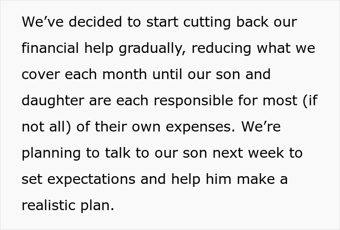 Text discussing husband retirement and children finances, planning to reduce financial help gradually and set expectations.
