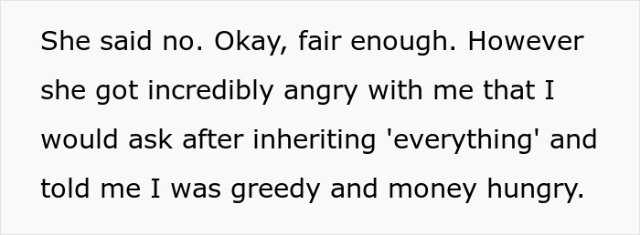 Text on a white background describing a conflict involving greed and inheritance in a family dispute.