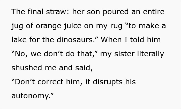 Text excerpt showing a sister practicing gentle parenting by supporting her son's autonomy despite a mess in the house.