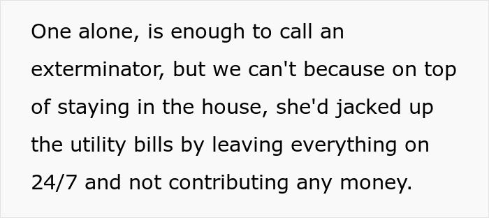 Text about a woman wanting to charge her sister a clean-up fee after spotting roaches and unpaid utility bills.