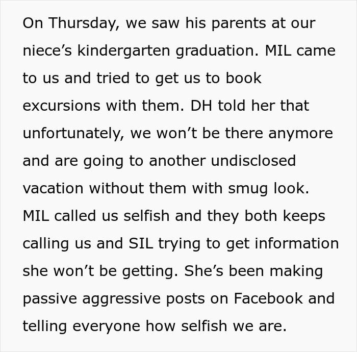 Text excerpt about MIL announcing she's coming on couple's vacation, but gets outplayed by them planning another trip without her.