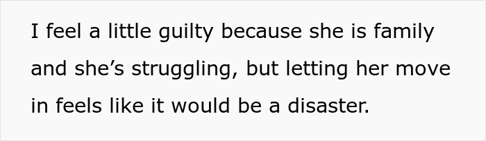 Alt text: Text describing a woman feeling guilty about refusing to let her homeless sister-in-law move in due to potential disaster.