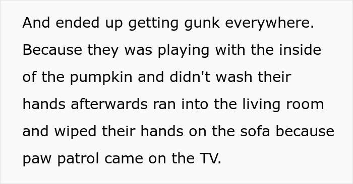Text excerpt describing kids making a mess inside a pumpkin and wiping hands on sofa during Halloween chaos.