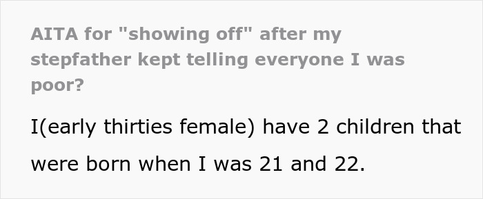 Text excerpt showing a woman called poor by stepdad accused of flexing her wealth after giving stepsiblings cars and cash