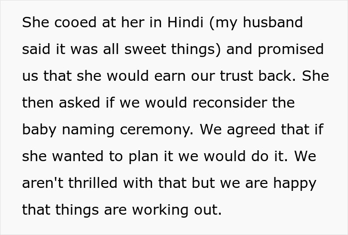 Text excerpt discussing an Indian grandmother demanding a DNA test, claiming baby appears too pale to be her son's child.