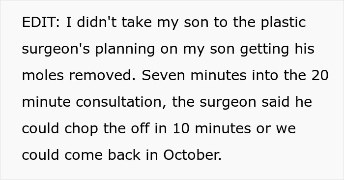 Text excerpt discussing a 12-year-old boy&rsquo;s mole removal approved by dad as cosmetic surgery without mom&rsquo;s consent.