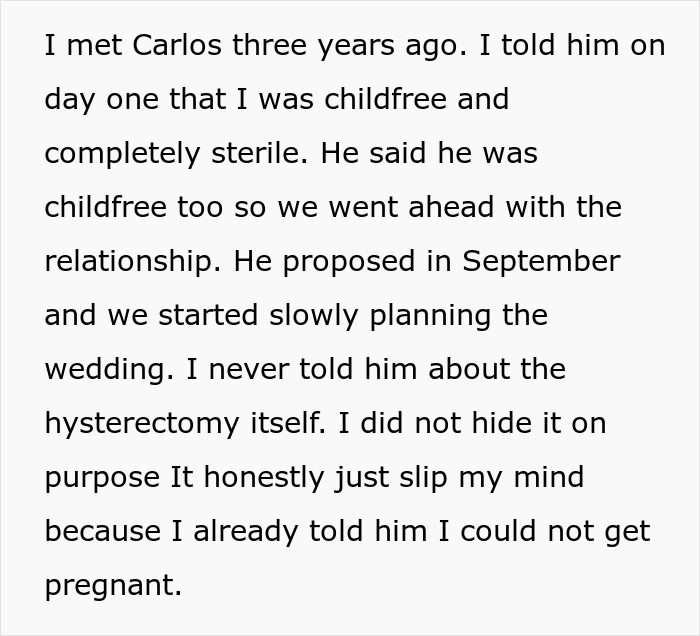 Text explaining a childfree couple in conflict after a prank reveals the woman&rsquo;s hysterectomy, which her fianc&eacute; didn&rsquo;t know about.