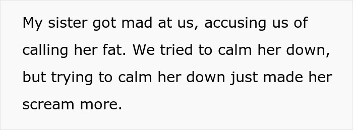 Alt text: Text describing an obese lady livid over a $100 separate chair purchase, accused of being fat during her outburst.