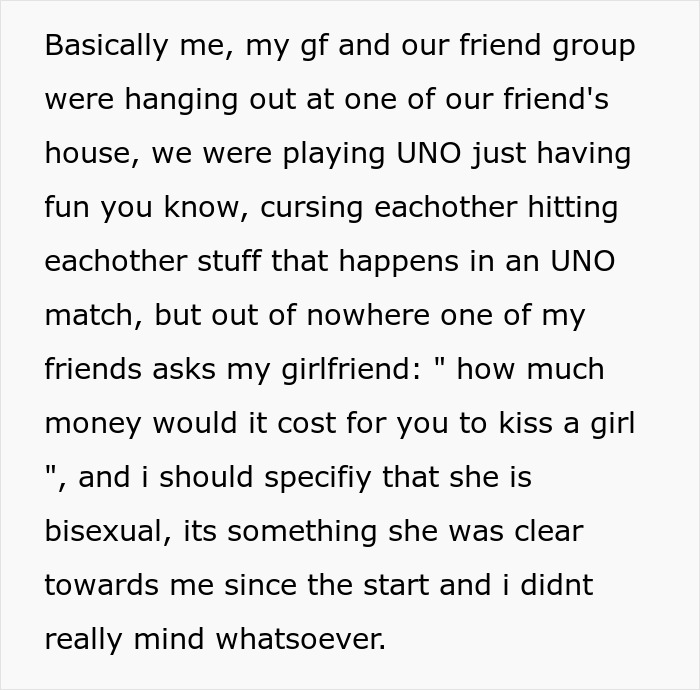 Text excerpt showing a story about a girlfriend kissing another woman in front of friends and its impact on the boyfriend.
