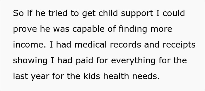 Text excerpt showing a woman dealing with toxic ex and his constant threats by using medical records and receipts for child support.