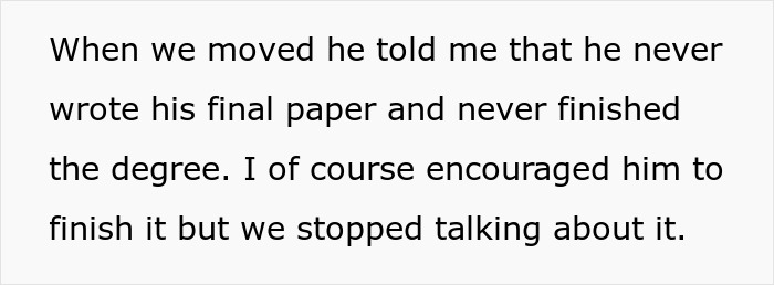 Text excerpt about a man admitting he never finished his Master&rsquo;s degree after moving, despite encouragement from his wife.