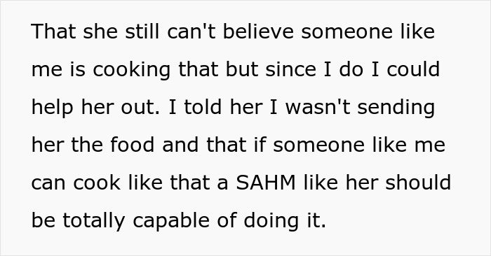 Text excerpt showing frustration over cooking roles, highlighting trad wife and sister conflicts about "womanly" tasks and family duties.