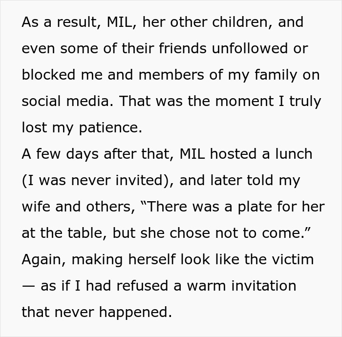 Text excerpt describing a MIL playing the victim while family cuts contact with a gay couple on social media.