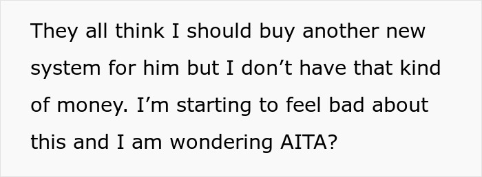 Text excerpt from woman took back nephew's Christmas gift, expressing concern about money and feeling bad.