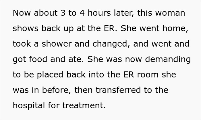 Text excerpt describing a Karen patient returning to the ER demanding specific treatment and rules imposed on staff.