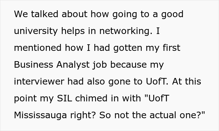 Text excerpt discussing networking and a Business Analyst job, with a stay-at-home mom mocking sister-in-law&rsquo;s college degree.