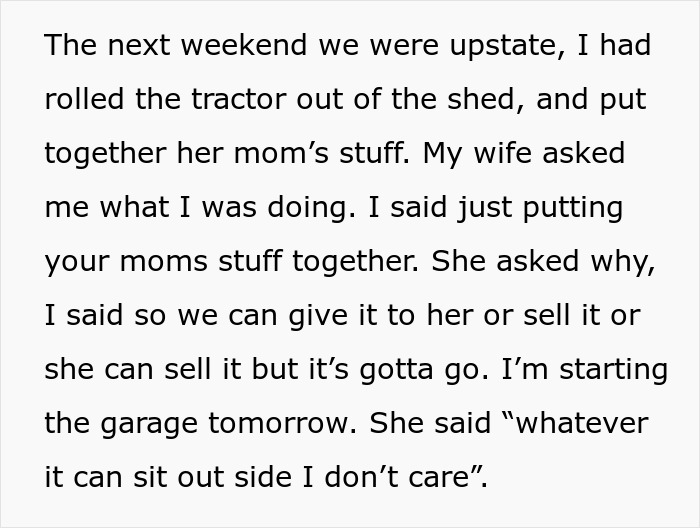 Text excerpt describing a son-in-law handling an inherited tractor amid conflict with a toxic MIL over its disposal and ownership.