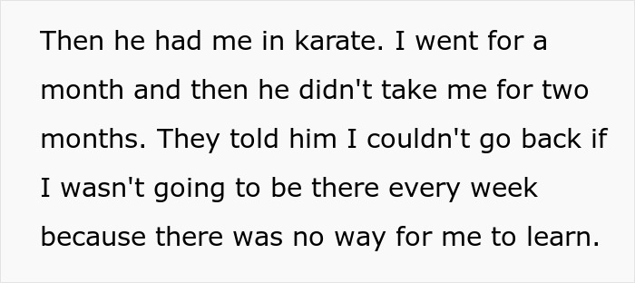 Text excerpt explaining a teen giving his father a reality check about karate attendance and learning challenges.
