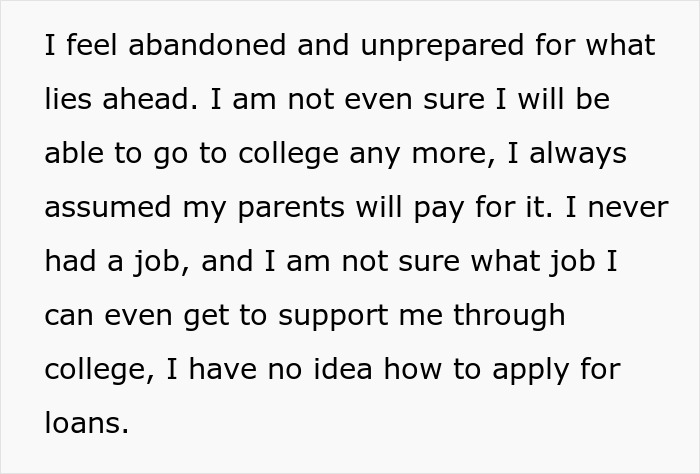 Text excerpt about feeling abandoned and unprepared for college due to unclear mom affair and dad's role in college money support.