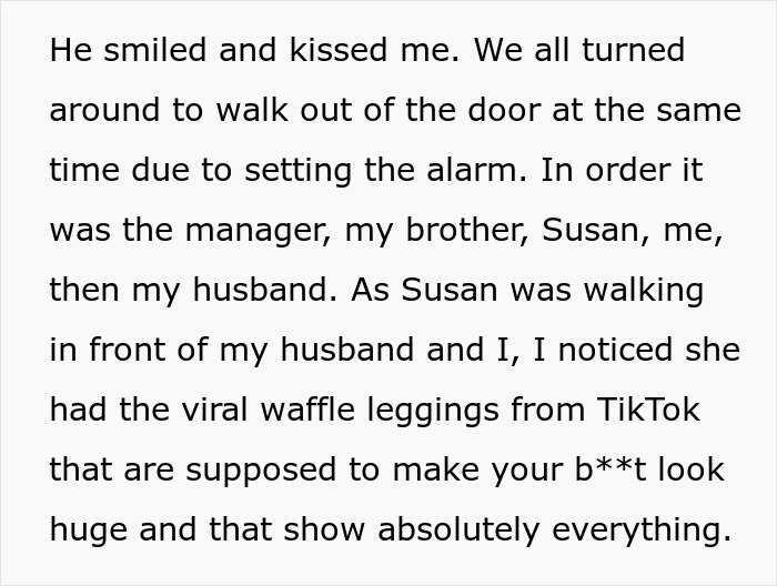 Text excerpt highlighting a woman noticing a coworker's provocative clothing while confronting a husband’s coworker who tried to seduce him. Text excerpt highlighting a woman noticing a coworker's provocative clothing while confronting a husband’s coworker who tried to seduce him.