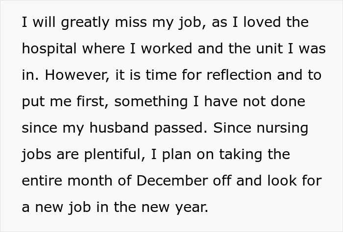 Text excerpt showing employee reflection and resignation amid hospital&rsquo;s family first vacation policy challenges before Christmas.