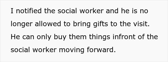 Text explaining a social worker restricting gift giving during visits after AirPods given by ex-husband were found to be traceable.