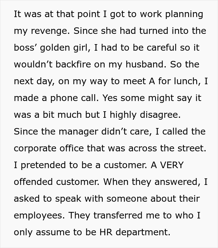 Woman plans petty revenge on husband's coworker who tried to seduce him by calling corporate office pretending to be a customer. Woman plans petty revenge on husband's coworker who tried to seduce him by calling corporate office pretending to be a customer.